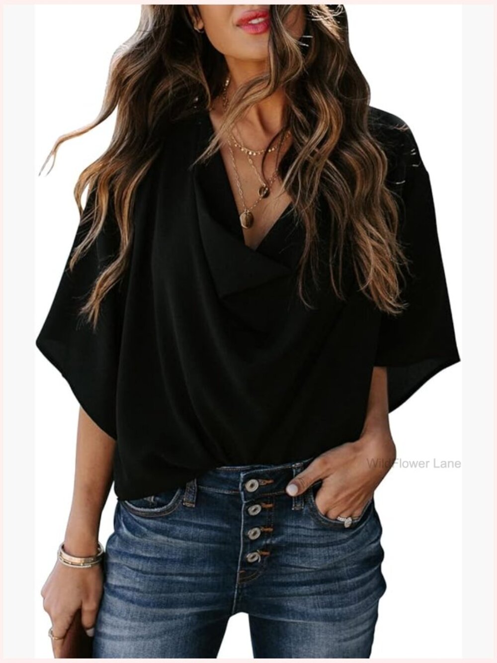 3/4 Sleeve V Neck Wrap Draped Front Blouses Tops